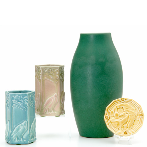 Appraisal: ROOKWOOD Four Production pieces a tall matte green vase a