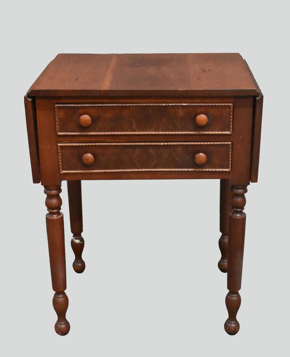 Appraisal: LATE FEDERAL VARIED WOOD DROP-LEAF WORK TABLECirca Rectangular top with