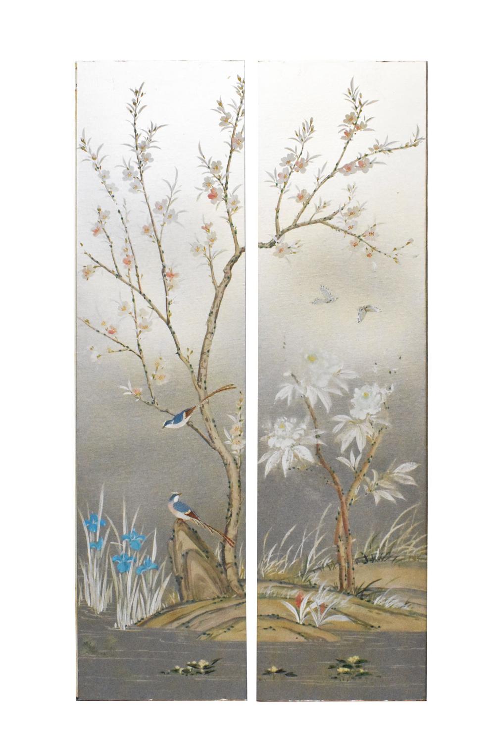 Appraisal: PAIR OF HOLLYWOOD REGENCY PAINTED SILVERED PAPER PANELSEach depicting a