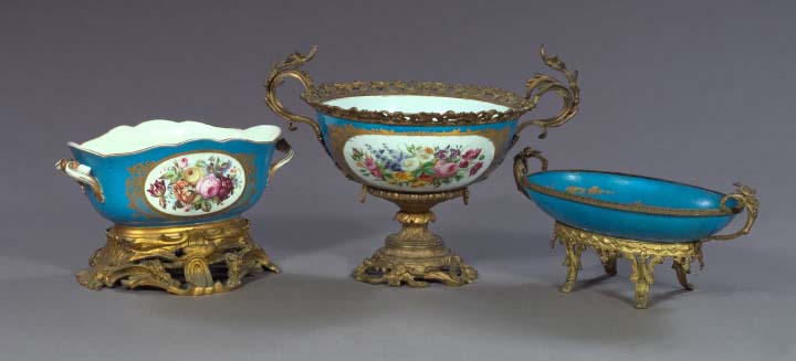 Appraisal: Large Gilded Brass-Mounted Sevres -Style Porcelain Centerpiece Bowl in floral