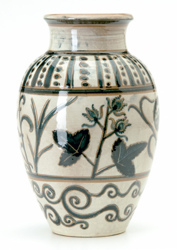 Appraisal: SHEARWATER Baluster vase incised with birds beatles and flowers in