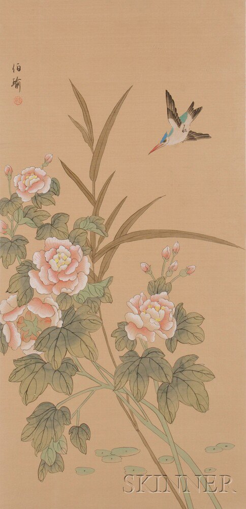 Appraisal: Painting Depicting Peonies China th century with a woodpecker signed