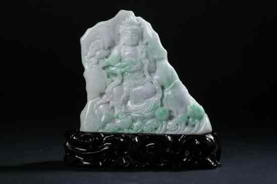 Appraisal: CHINESE APPLE GREEN AND CELADON JADEITE FIGURE OF GUANYIN -