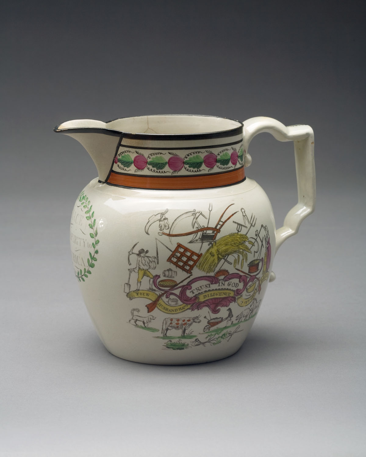 Appraisal: ENGLISH PEARLWARE BLACK TRANSFER-PRINTED AND ENAMEL-DECORATED JUG EARLY NINETEENTH CENTURY