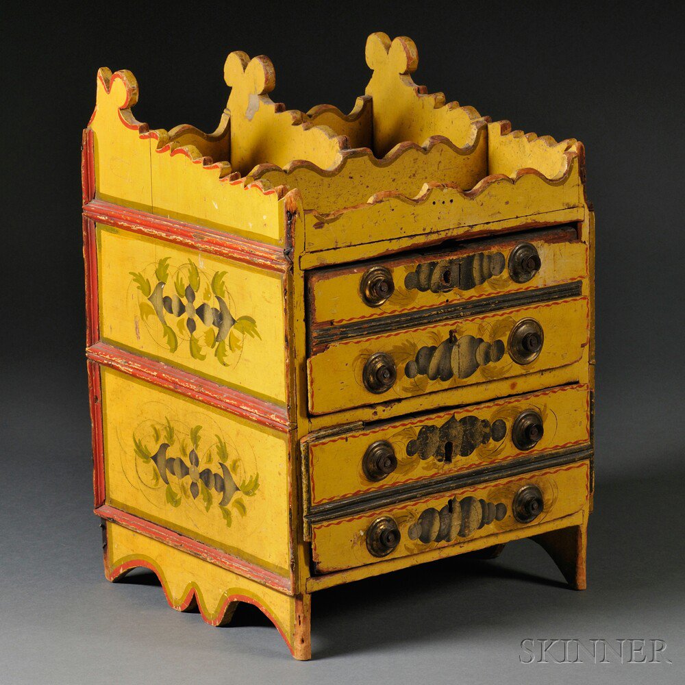 Appraisal: Classical Stencil and Paint Decorated Miniature Yellow-painted Chest of Drawers