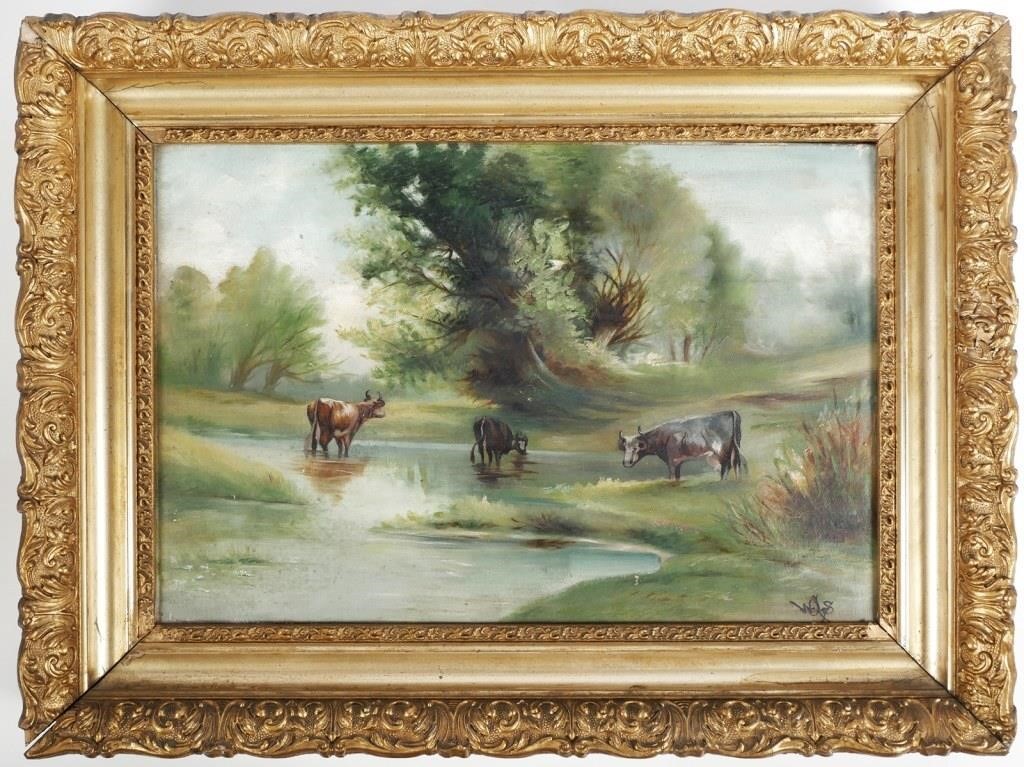 Appraisal: Landscape painting featuring cows grazing oil on canvas signed lower