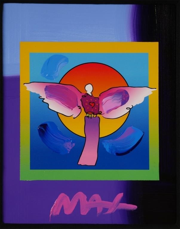 Appraisal: Angel with Sun on Blends over painted embellished serigraph by