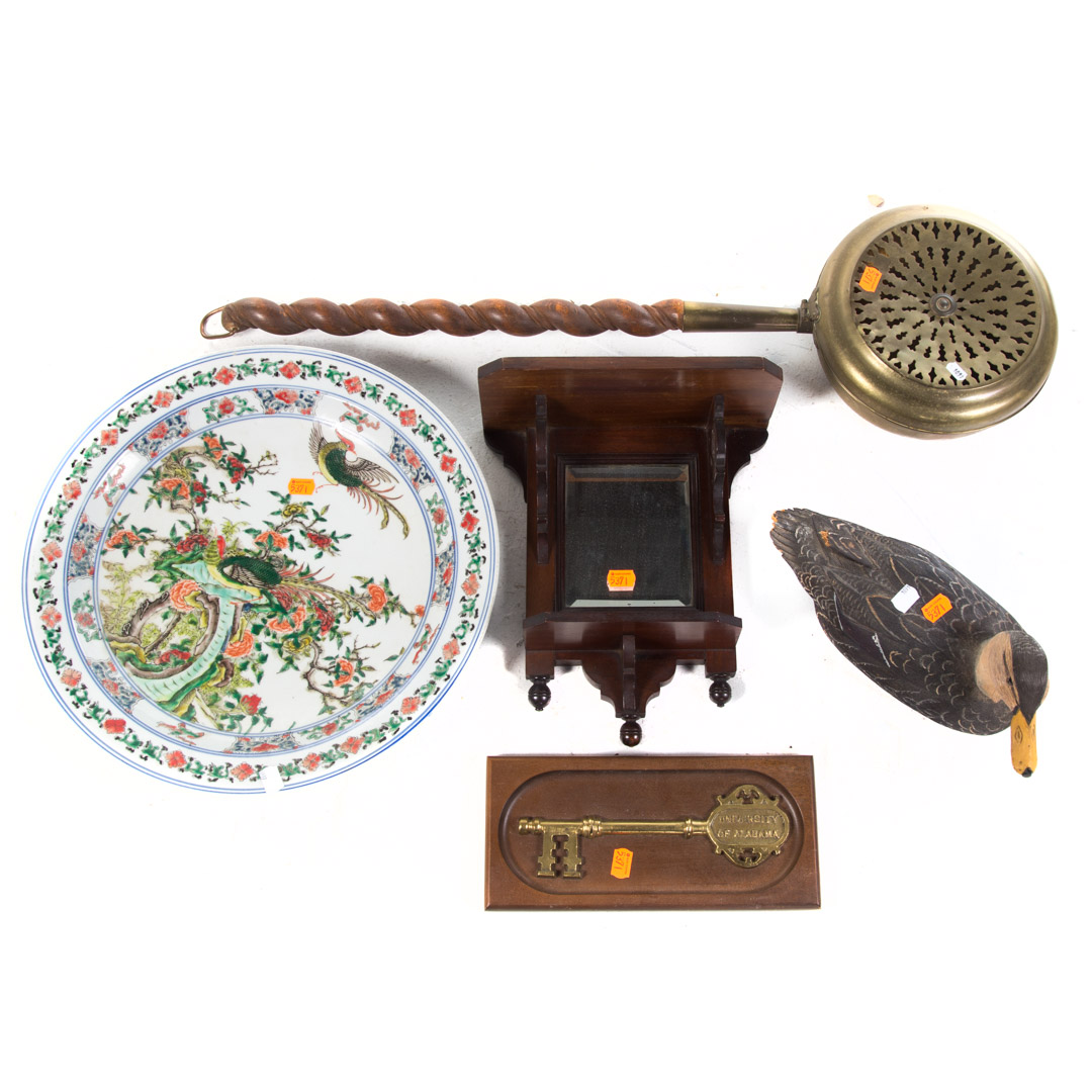 Appraisal: Assorted items including mahogany wall shelf brass bed warmer University