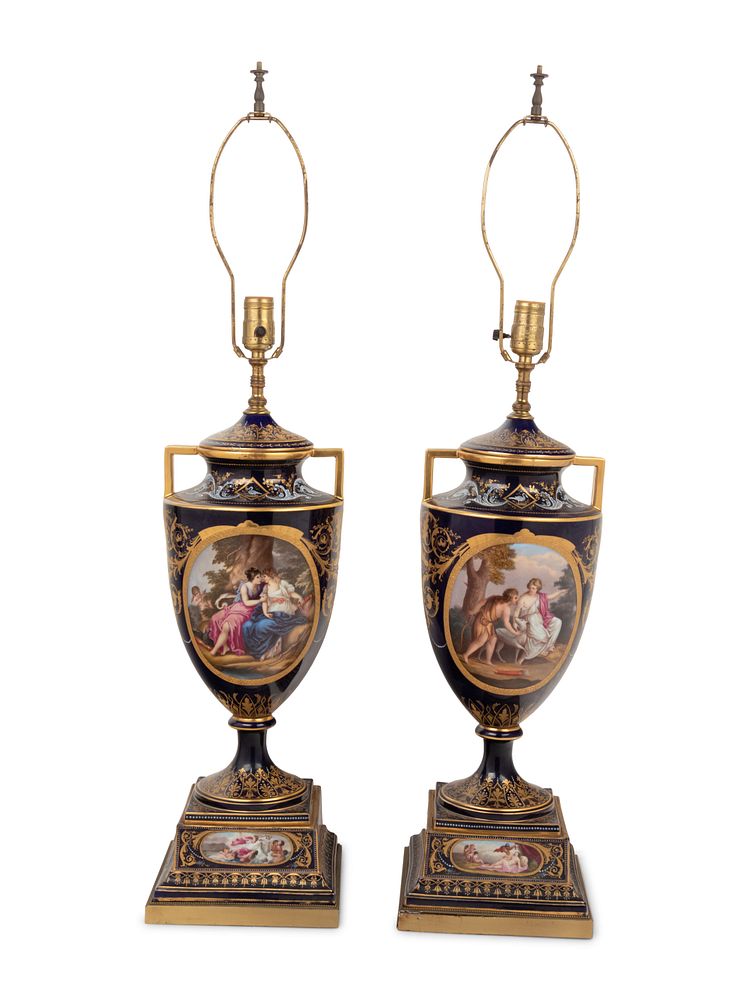 Appraisal: A Pair of Vienna Porcelain Urns Mounted as Lamps A