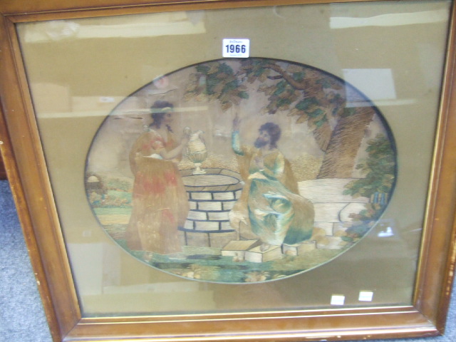 Appraisal: A th century oval silk work picture depicting two figures