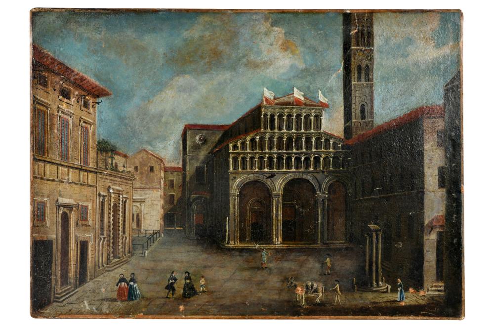 Appraisal: CONTINENTAL SCHOOL PIAZZA SCENEunsigned oil on canvas Condition unframed Restorations