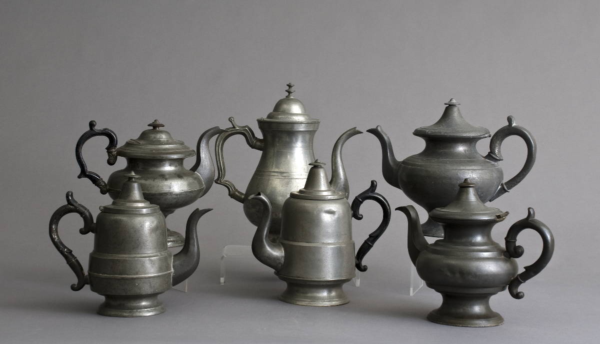 Appraisal: SIX AMERICAN PEWTER TEAPOTS INCLUDING EXAMPLES MARKED BY quot H