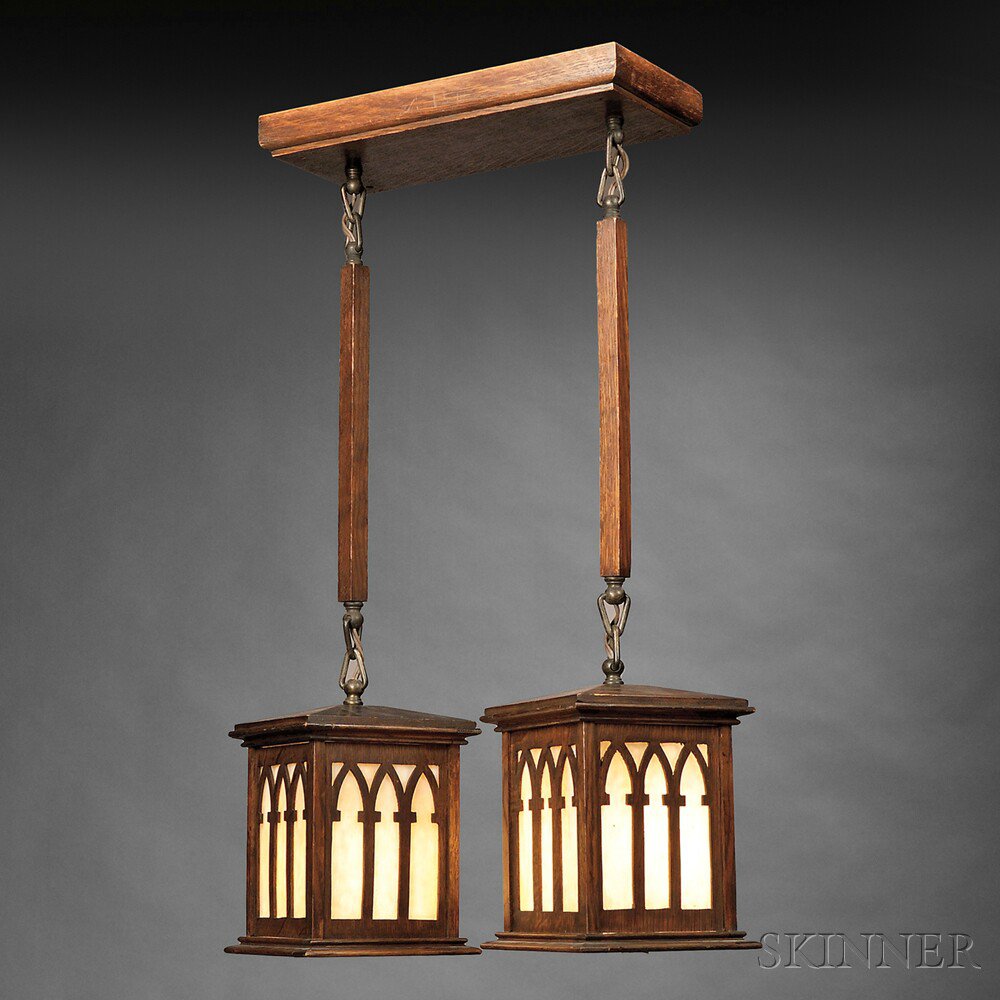 Appraisal: Arts Crafts Dual-lantern Chandelier Oak slag glass United States early