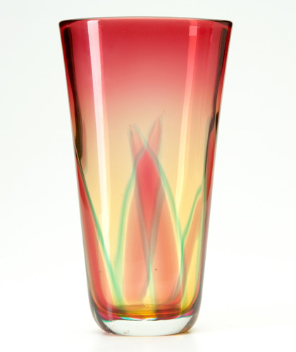 Appraisal: SEGUSO Glass vase with red and green leaf-shaped forms on