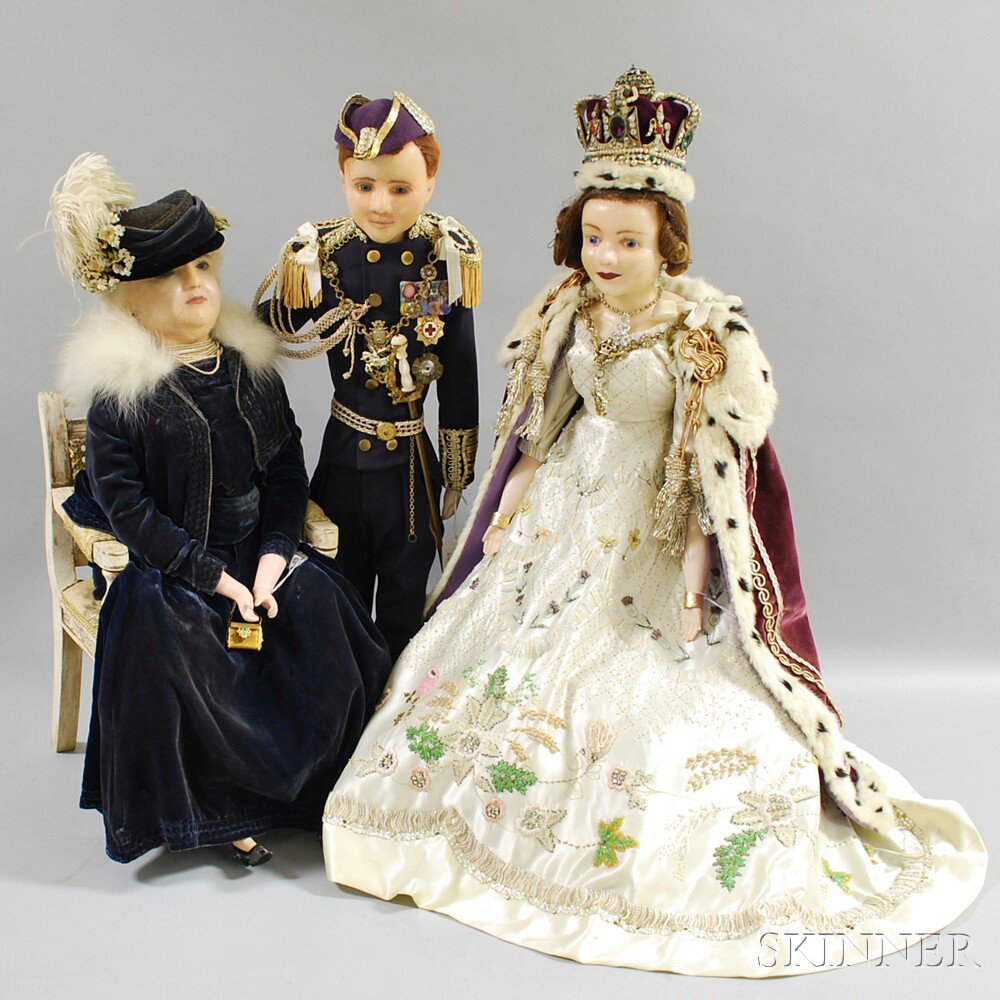 Appraisal: Three Large Wax Dolls Queen Elizabeth II Prince Phillip and