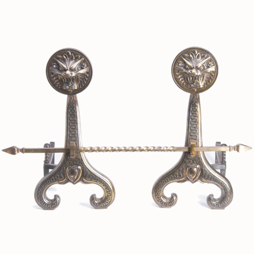 Appraisal: BRADLEY AND HUBBARD Pair of brass over bronze andirons embossed