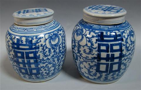 Appraisal: PAIR OF CHINESE BLUE AND WHITE GINGER JARS The ovoid