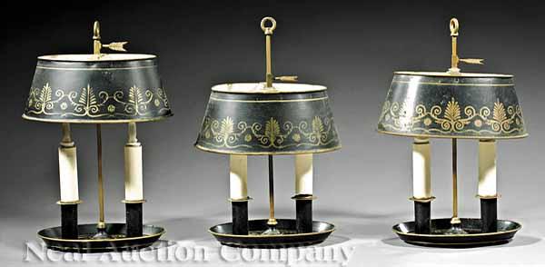 Appraisal: Three T le Peinte Two-Light Bouillotte Lamps early th c