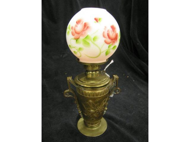 Appraisal: Victorian Miniature Oil Lamp french bronze handpainted floral milk glass