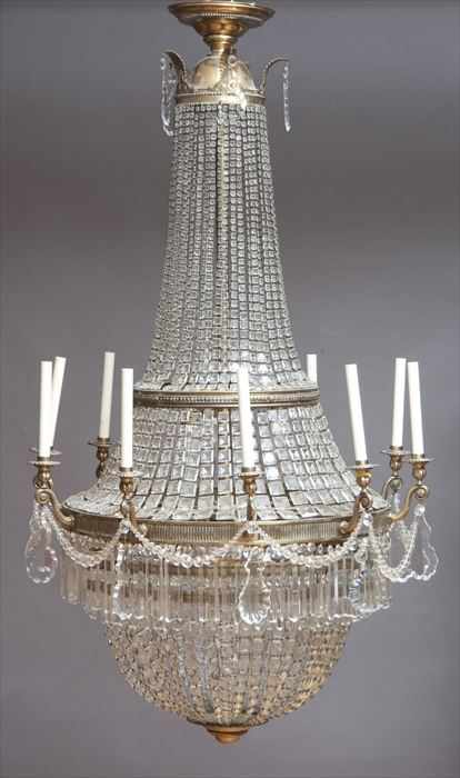 Appraisal: EMPIRE-STYLE FIFTEEN-LIGHT CHANDELIER The reeded prism-hung annulus supporting s-scroll arms