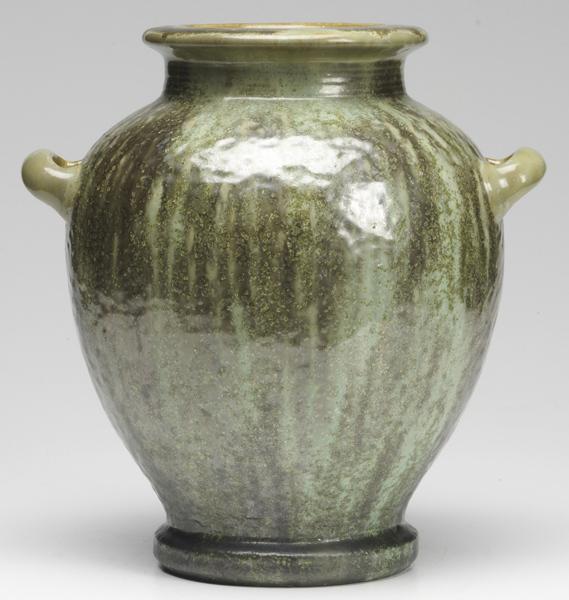 Appraisal: FULPER Urn with hammered texture covered in Leopard Skin Crystalline