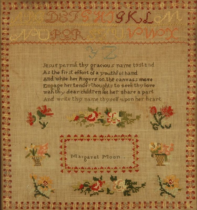 Appraisal: FRAMED NEEDLEWORK SAMPLER th CenturyWrought by Margaret Moon with alphabet