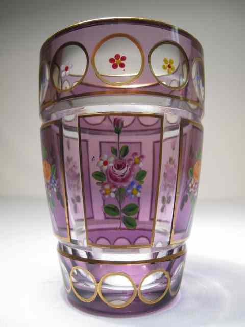 Appraisal: Amethyst cut to clear enameled crystal vase Gilt rim with