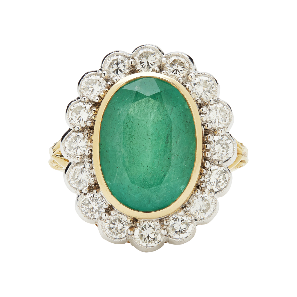 Appraisal: An emerald and diamond set cluster ring collet set with