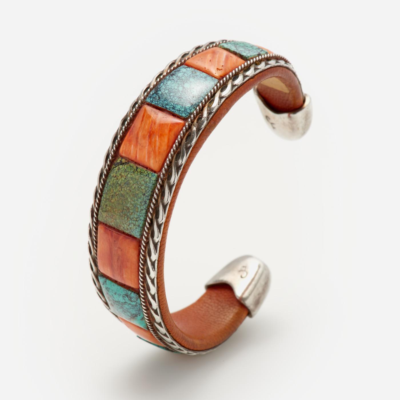 Appraisal: CHARLIE FAVOUR SPINY OYSTER TURQUOISE INLAY LEATHER CUFF Charlie Favour