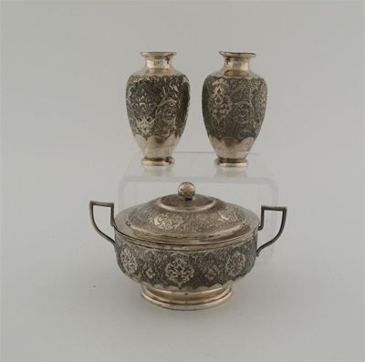 Appraisal: A pair of small Persian vases and a covered bowl