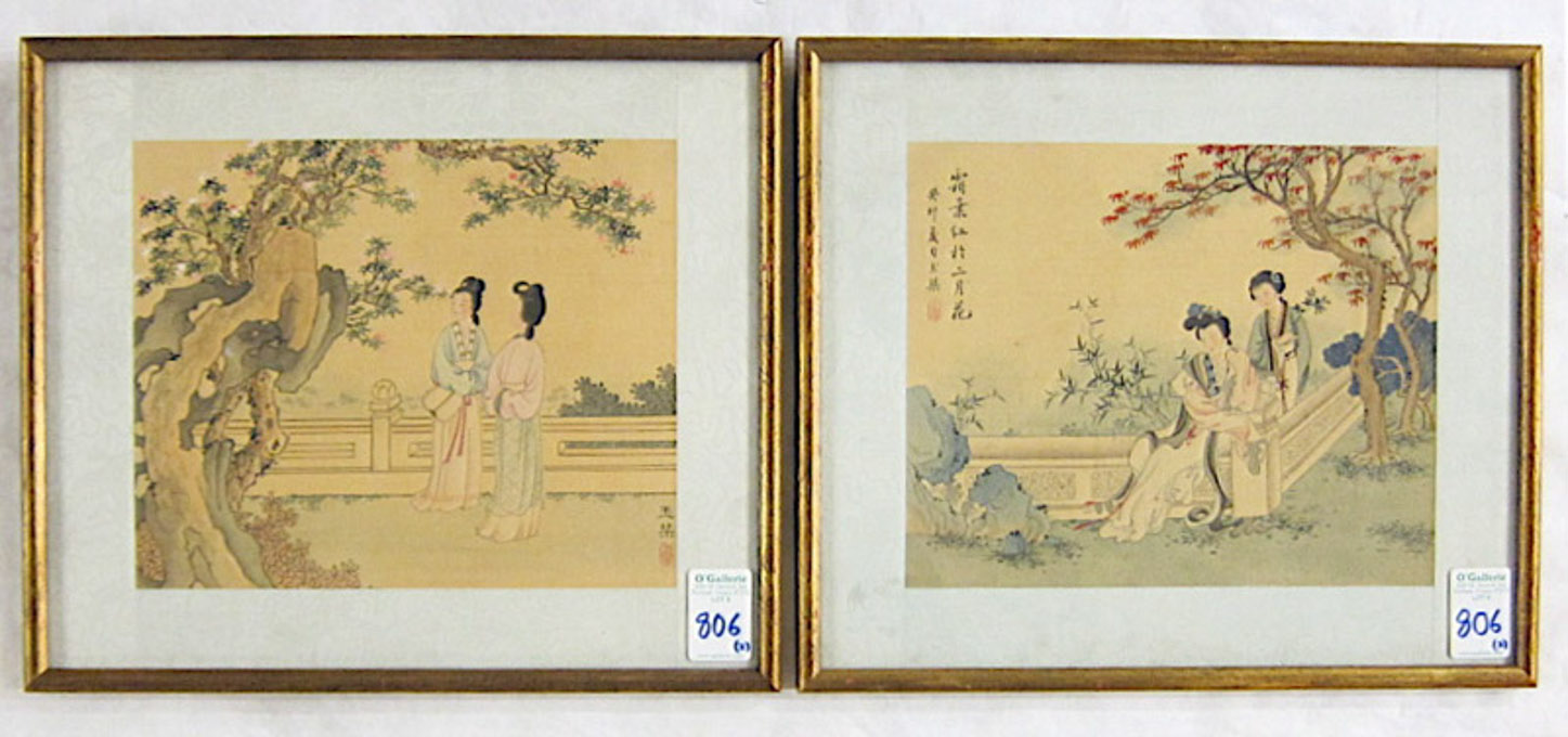 Appraisal: TWO CHINESE WATERCOLORS ON SILK both depicting two women in