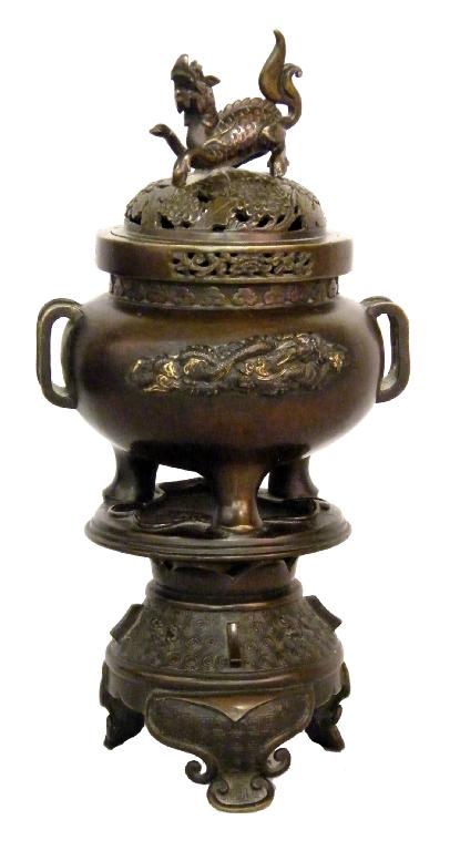 Appraisal: th century Oriental bronze koro with typical pierced and cast