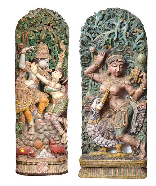 Appraisal: TWO LARGE CARVED INDIAN WOODEN RELIEF PANELS TH CENTURY each