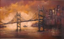 Appraisal: Modern Oil on Canvas ca City View with Suspension Bridge