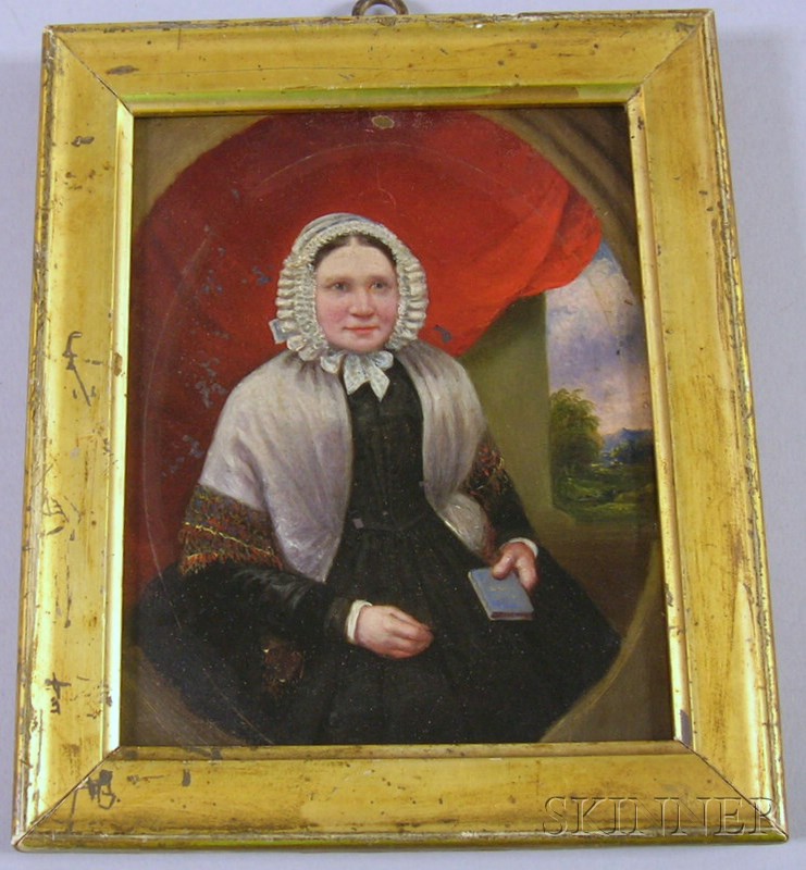 Appraisal: Portrait Miniature of a Woman Seated Before a Red Draped