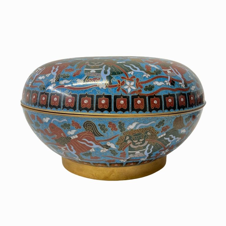 Appraisal: Chinese Cloisonne Bowl with Lid Blue cloisonne footed bowl decorated