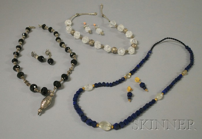 Appraisal: Three Hardstone Bead Necklaces with Matching Earrings one gold and