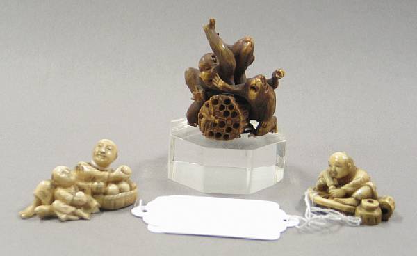 Appraisal: Three Japanese ivory carvings Including one tinted ivory okimono of