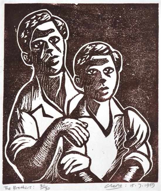 Appraisal: PETER CLARKE SOUTH AFRICAN BORN The Brothers linocut x cm