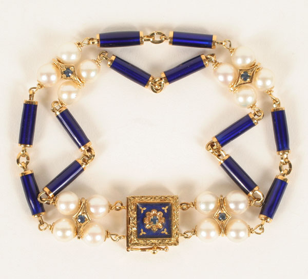 Appraisal: Lady's K gold enamel and pearl bracelet with sapphires The