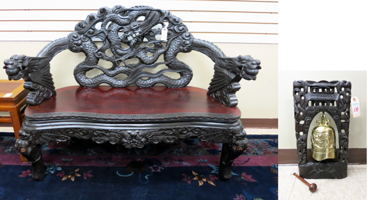 Appraisal: HIGHLY CARVED DRAGON-BACK SETTEE AND CEREMONIAL TABLE BELL the settee