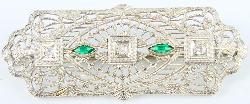 Appraisal: ORIGINAL DECO DIAMOND EMERALD KT BROOCH Circa 's about long