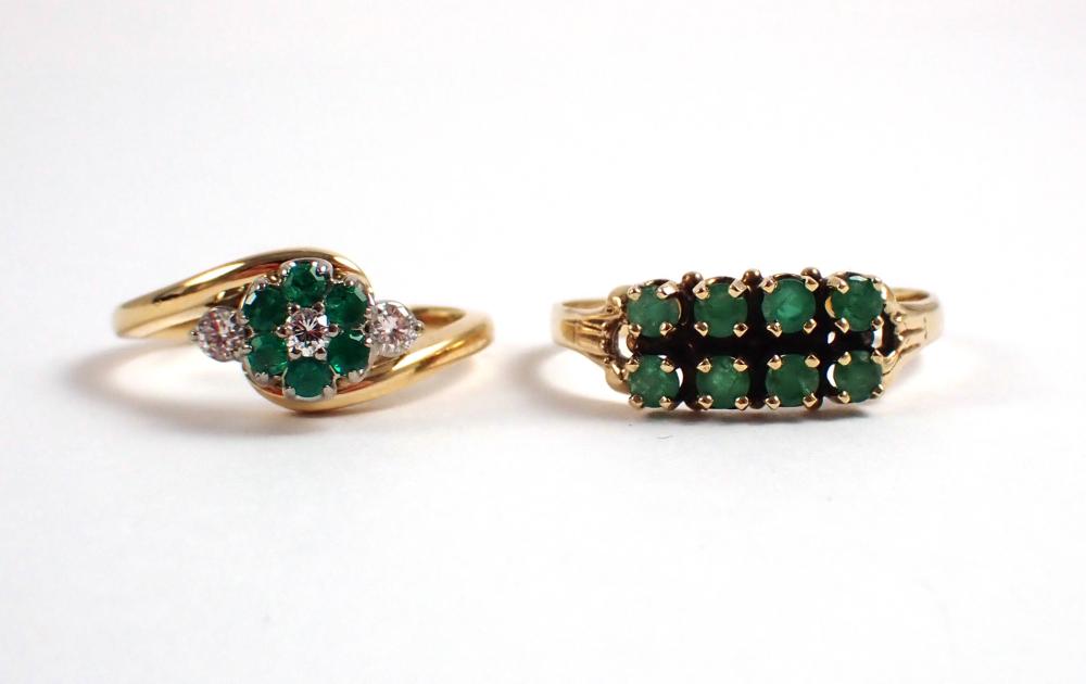 Appraisal: TWO EMERALD AND YELLOW GOLD RINGS including an k gold