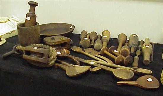 Appraisal: Large group of wooden mashers a bowl spoons along with