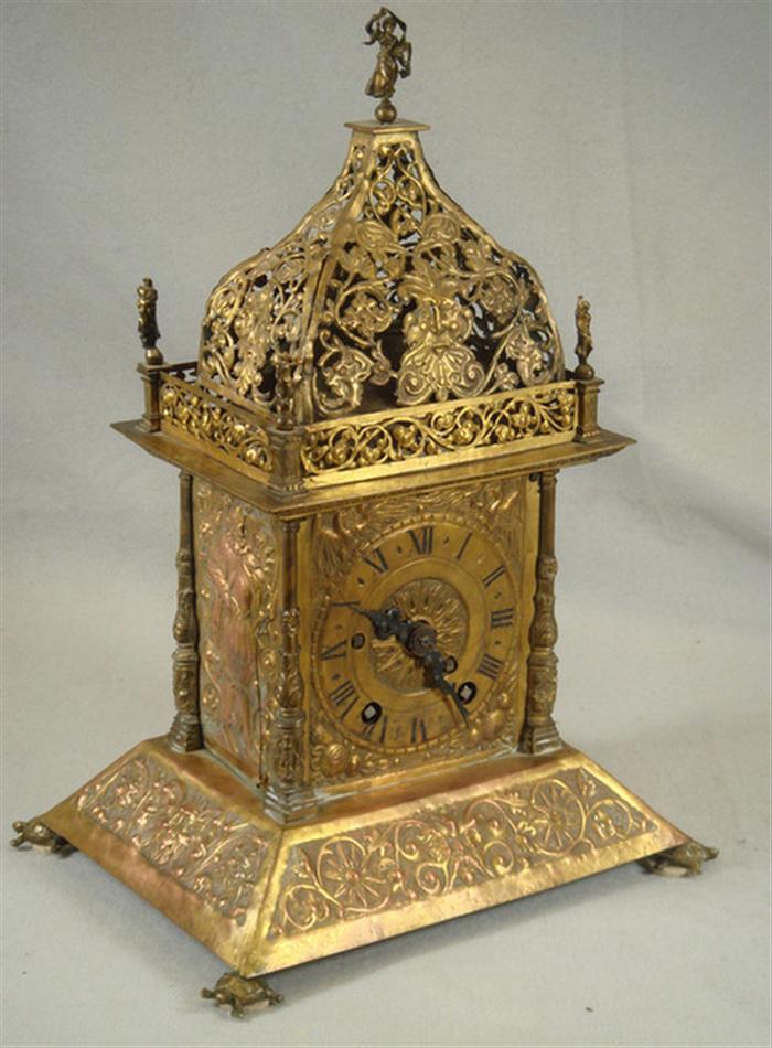 Appraisal: Embossed brass lantern clock double barrel spring movement with bell