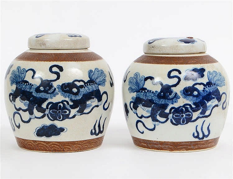 Appraisal: PAIR OF CHINESE BLUE WHITE PORCELAIN COVERED JARSSpherical decorated with