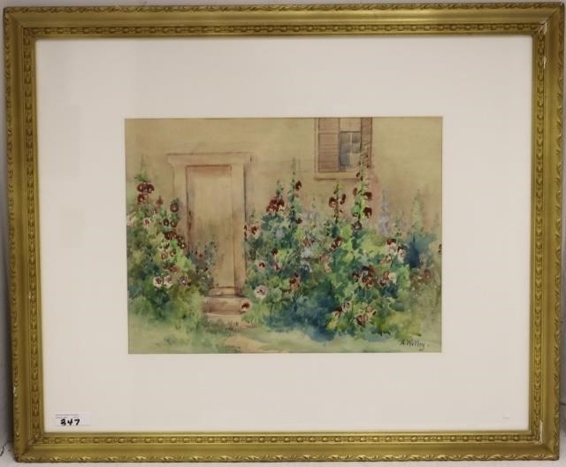 Appraisal: ABIGAIL WALLEY - MASS WATERCOLORDEPICTING A GARDEN IN FRONT OF