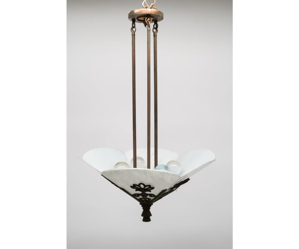 Appraisal: Continental Art Deco brass and metal four-light chandelier with milk