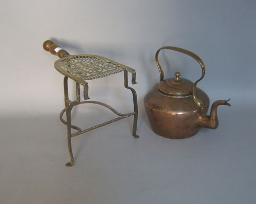 Appraisal: Brass and iron kettle stand together with a copper kettle