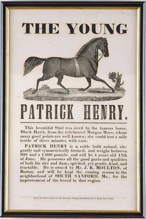 Appraisal: FRAMED HORSE BROADSIDE THE YOUNG PATRICK HENRY Paper broadside shows